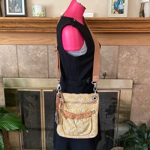 FOSSIL FABRIC CANVAS LEATHER CROSSBODY PURSE Gold Yellow Tan Brown Gray Beige